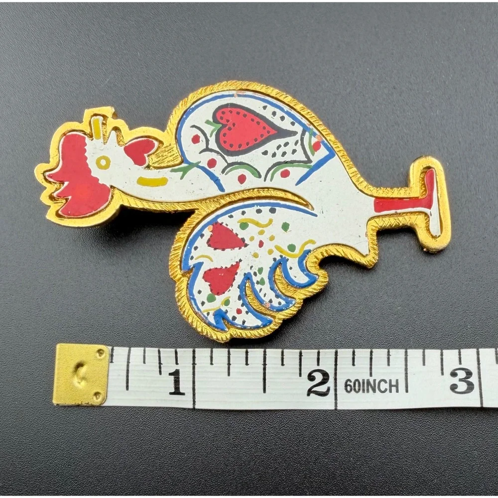 Rooster Brooch White Red‎ Gold Retro Vintage Folk Art Heart Kitsch Cottagecore